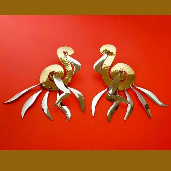 70s-80s Abstract Bird Earrings Handmade of Brass & Nickel Silver - Pierced 4.5"L - Picture 4 of 6